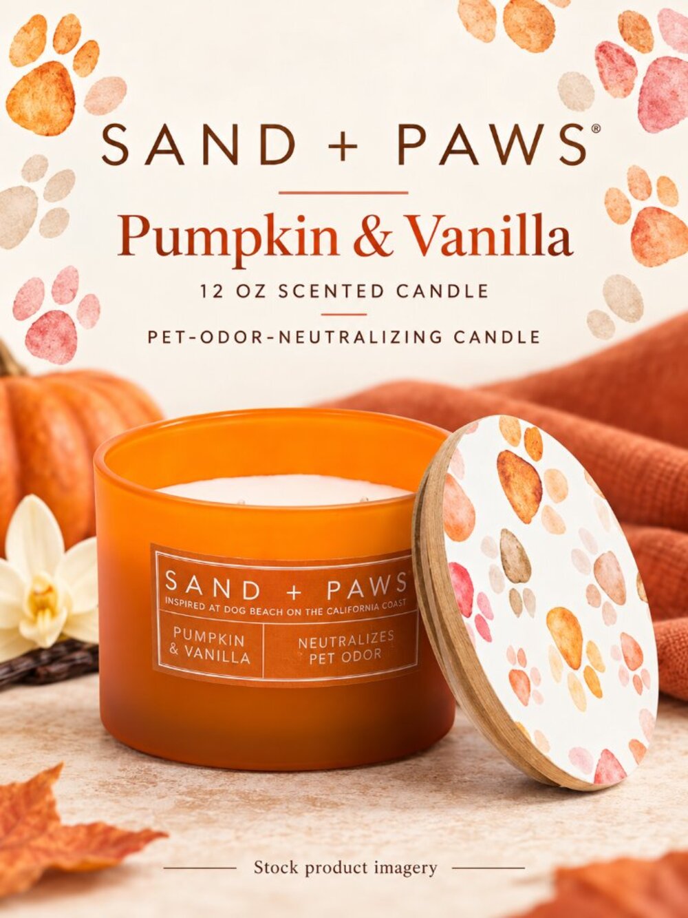 Sand + Paws Pumpkin Vanilla Candle 12oz Orange Jar Paw Print Wooden Lid